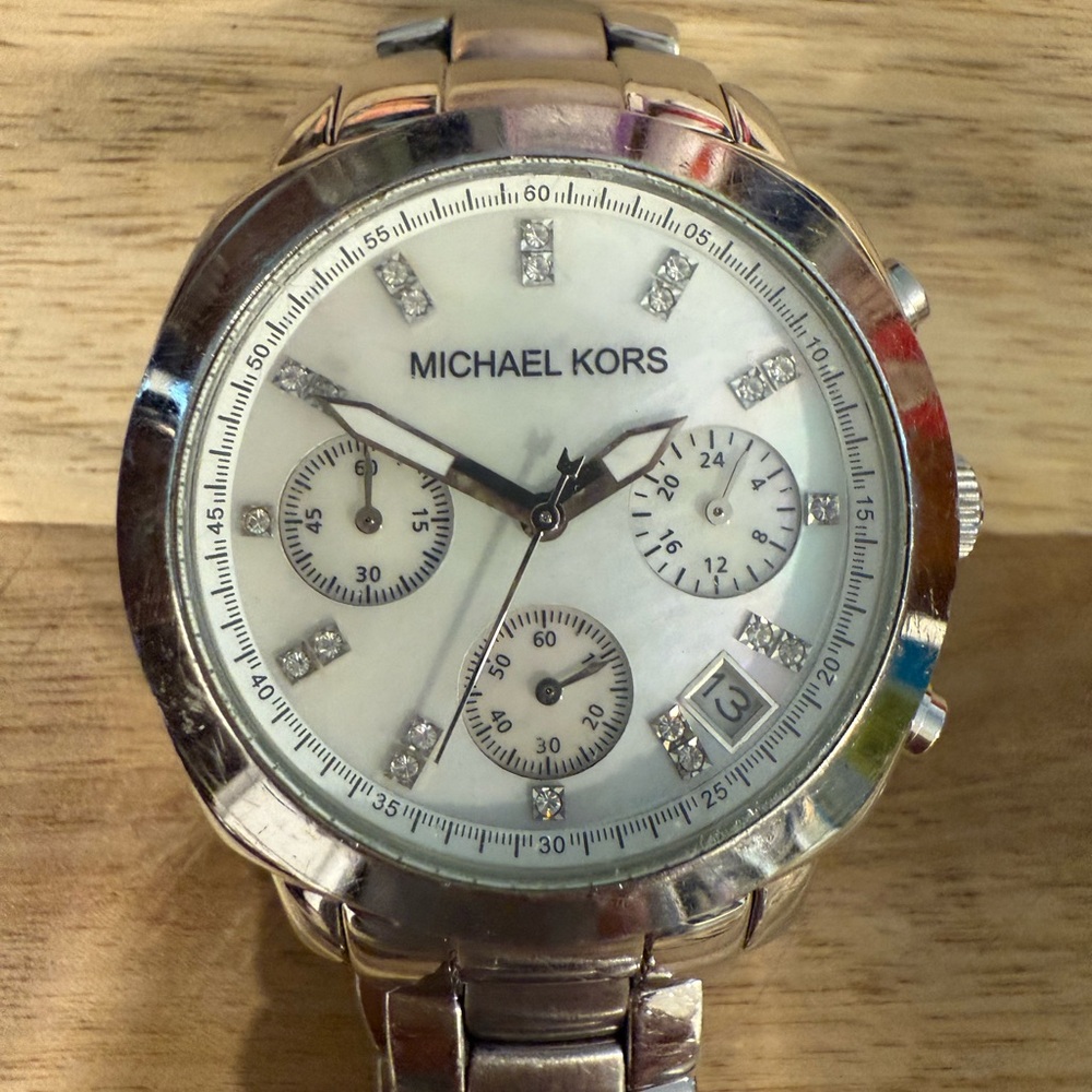 Michael Kors Silver Chronograph Watch with White Face